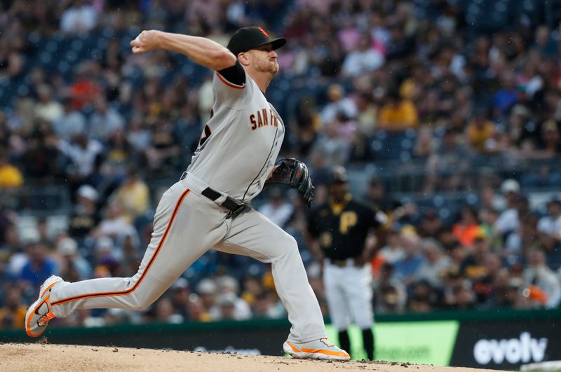 Jul 15, 2023; Pittsburgh, Pennsylvania, USA; San Francisco Giants starting pitcher Alex Cobb (38) delivers against the Pittsburgh Pirates during the first inning at PNC Park. Mandatory Credit: Charles LeClaire-USA TODAY Sports