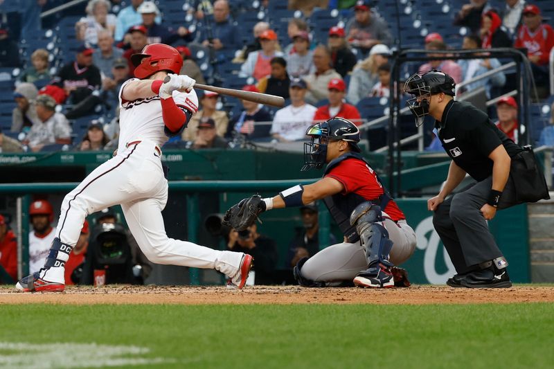 Sep 17, 2025; Washington, District of Columbia, USA; Washington Nationals outfielder Dylan Crews (3) hits an RBI single against the Atlanta Braves during the fifth inning at Nationals Park. Mandatory Credit: Geoff Burke-Imagn Images