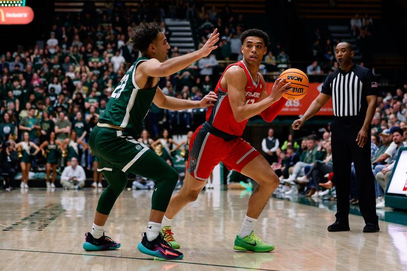 Mar 3, 2023; Fort Collins, Colorado, USA; New Mexico Lobos guard Javonte Johnson (13) controls the ball as Colorado State Rams guard Isaiah Rivera (23) guards in the first half at Moby Arena. Mandatory Credit: Isaiah J. Downing-USA TODAY Sports