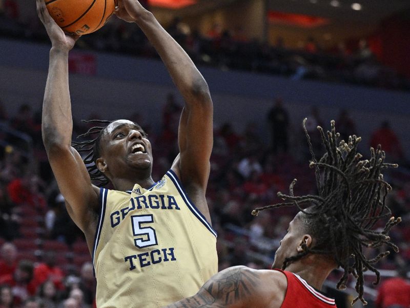 Feb 10, 2024; Louisville, Kentucky, USA; Georgia Tech Yellow Jackets forward Tafara Gapare (5) shoots against Louisville Cardinals forward Kaleb Glenn (10) during the first half at KFC Yum! Center. Mandatory Credit: Jamie Rhodes-USA TODAY Sports