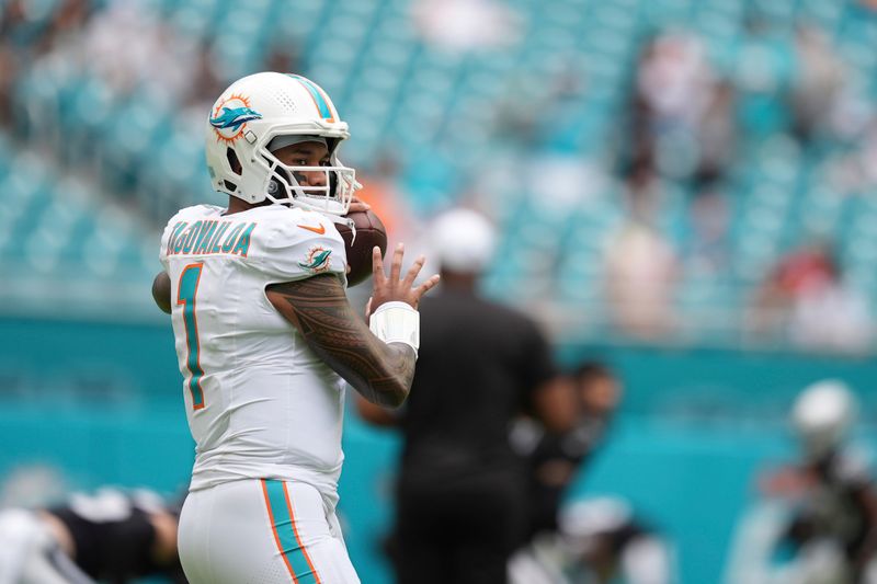 Miami Dolphins quarterback Tua Tagovailoa (1) warms up before an NFL football game against the Las Vegas Raiders, Sunday, Nov. 17, 2024, in Miami Gardens, Fla. (AP Photo/Rebecca Blackwell)