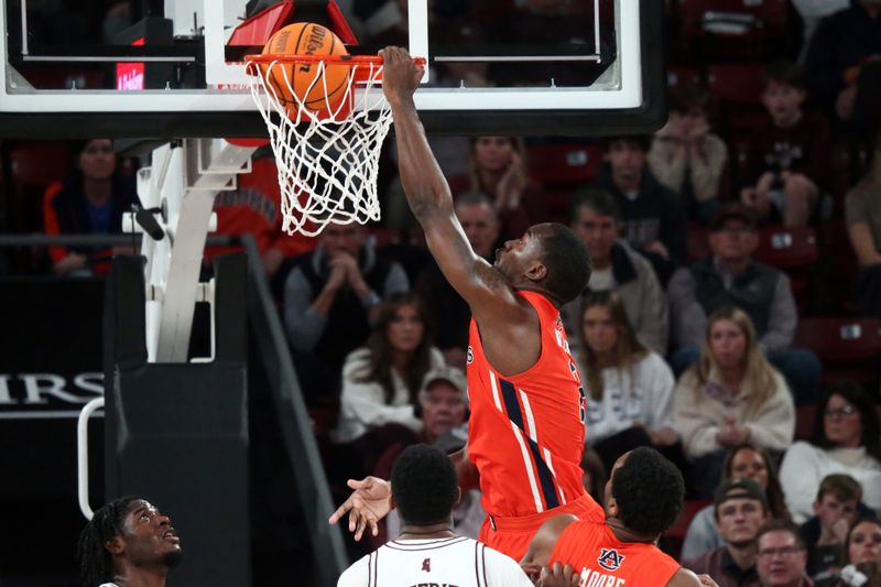 Jan 27, 2024; Starkville, Mississippi, USA; Auburn Tigers forward Jaylin Williams (2) dunks during the second half against the Mississippi State Bulldogs at Humphrey Coliseum. Mandatory Credit: Petre Thomas-USA TODAY Sports