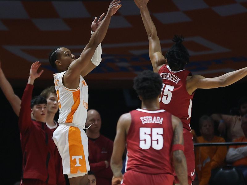 Jan 20, 2024; Knoxville, Tennessee, USA; Tennessee Volunteers guard Jordan Gainey (2) shoots a three-point shot against the Alabama Crimson Tide during the first half at Thompson-Boling Arena at Food City Center. Mandatory Credit: Randy Sartin-USA TODAY Sports