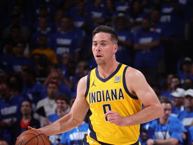 OKLAHOMA CITY, OK - JUNE 8: T.J. McConnell #9 of the Indiana Pacers brings the ball up court during the game against the Oklahoma City Thunder during Game Two of the 2025 NBA Finals on June 8, 2025 at Paycom Center in Oklahoma City, Oklahoma. NOTE TO USER: User expressly acknowledges and agrees that, by downloading and or using this photograph, User is consenting to the terms and conditions of the Getty Images License Agreement. Mandatory Copyright Notice: Copyright 2025 NBAE(Photo by Nathaniel S. Butler/NBAE via Getty Images)