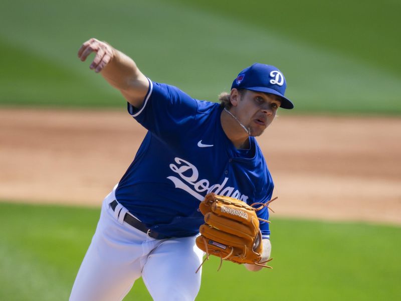 Mar 3, 2024; Phoenix, Arizona, USA; Los Angeles Dodgers pitcher Gavin Stone against the Colorado Rockies during a spring training game at Camelback Ranch-Glendale. Mandatory Credit: Mark J. Rebilas-USA TODAY Sports