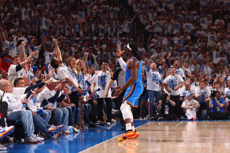 OKLAHOMA CITY, OK - APRIL 24: Luguentz Dort #5 of the Oklahoma City Thunder celebrates during the game against the New Orleans Pelicans during Round 1 Game 2 of the 2024 NBA Playoffs on April 24, 2024 at Paycom Arena in Oklahoma City, Oklahoma. NOTE TO USER: User expressly acknowledges and agrees that, by downloading and or using this photograph, User is consenting to the terms and conditions of the Getty Images License Agreement. Mandatory Copyright Notice: Copyright 2024 NBAE (Photo by Zach Beeker/NBAE via Getty Images)