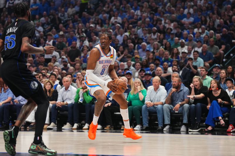 DALLAS, TX - MAY 18: Jalen Williams #8 of the Oklahoma City Thunder handles the ball during the game against the Dallas Mavericks during Round 2 Game 6 of the 2024 NBA Playoffs on May 18, 2024 at the American Airlines Center in Dallas, Texas. NOTE TO USER: User expressly acknowledges and agrees that, by downloading and or using this photograph, User is consenting to the terms and conditions of the Getty Images License Agreement. Mandatory Copyright Notice: Copyright 2024 NBAE (Photo by Cooper Neill/NBAE via Getty Images)