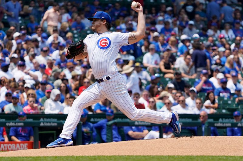 Jun 17, 2023; Chicago, Illinois, USA; Chicago Cubs starting pitcher Justin Steele (0) throws against the Baltimore Orioles during the first inning at Wrigley Field. Mandatory Credit: David Banks-USA TODAY Sports