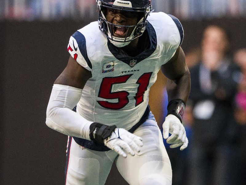 Houston Texans defensive end Will Anderson Jr. (51) works during the first half of an NFL football game against the Atlanta Falcons, Sunday, Oct. 8, 2023, in Atlanta. The Atlanta Falcons won 21-19. (AP Photo/Danny Karnik)