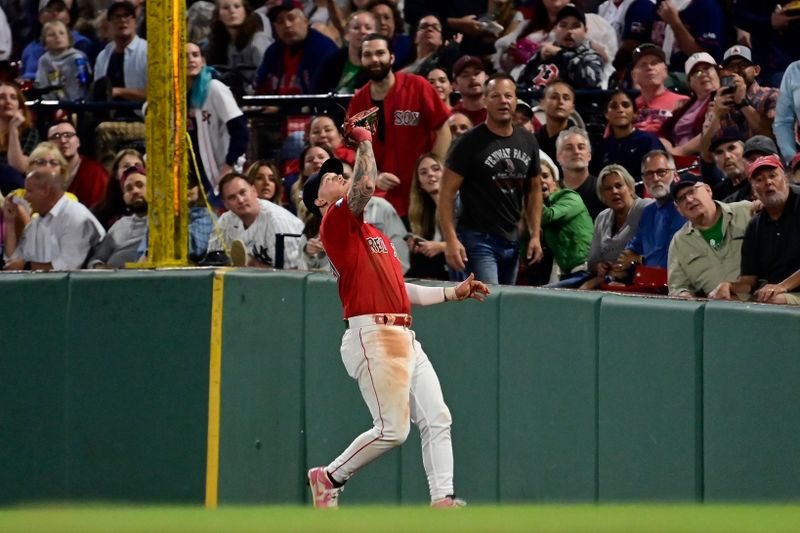 Sep 14, 2023; Boston, Massachusetts, USA; Boston Red Sox right fielder Alex Verdugo (99)  makes a catch for an out during the seventh inning against the New York Yankees at Fenway Park. Mandatory Credit: Eric Canha-USA TODAY Sports