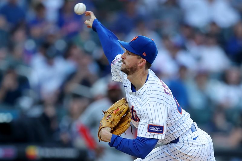 Jun 10, 2025; New York City, New York, USA; New York Mets starting pitcher Griffin Canning (46) pitches against the Washington Nationals during the first inning at Citi Field. Mandatory Credit: Brad Penner-Imagn Images