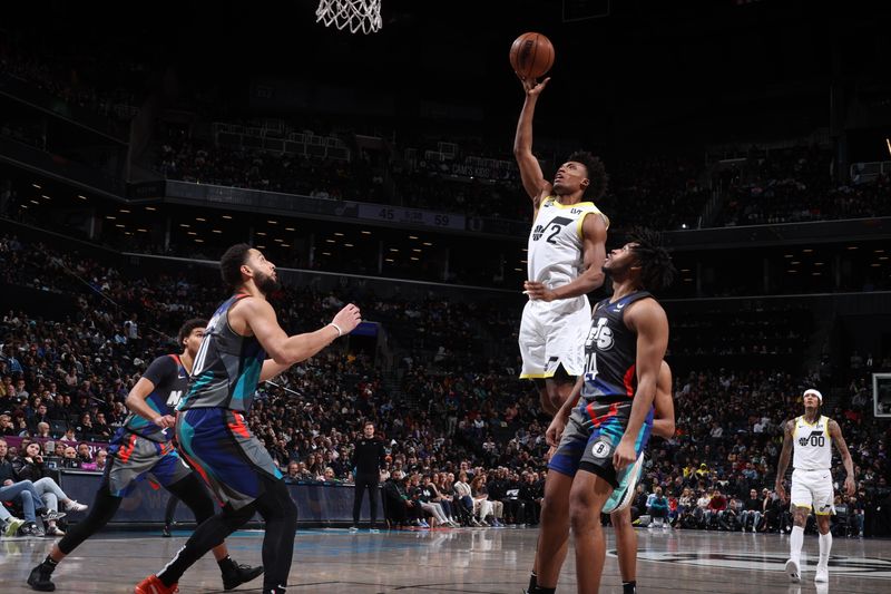 BROOKLYN, NY - JANUARY 29: Colin Sexton #2 of the Utah Jazz drives to the basket during the game Brooklyn Nets on January 29, 2024 at Barclays Center in Brooklyn, New York. NOTE TO USER: User expressly acknowledges and agrees that, by downloading and or using this Photograph, user is consenting to the terms and conditions of the Getty Images License Agreement. Mandatory Copyright Notice: Copyright 2024 NBAE (Photo by Nathaniel S. Butler/NBAE via Getty Images)