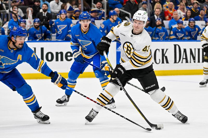 Jan 13, 2024; St. Louis, Missouri, USA;  Boston Bruins left wing Danton Heinen (43) shoots as St. Louis Blues defenseman Justin Faulk (72) defends during the first period at Enterprise Center. Mandatory Credit: Jeff Curry-USA TODAY Sports