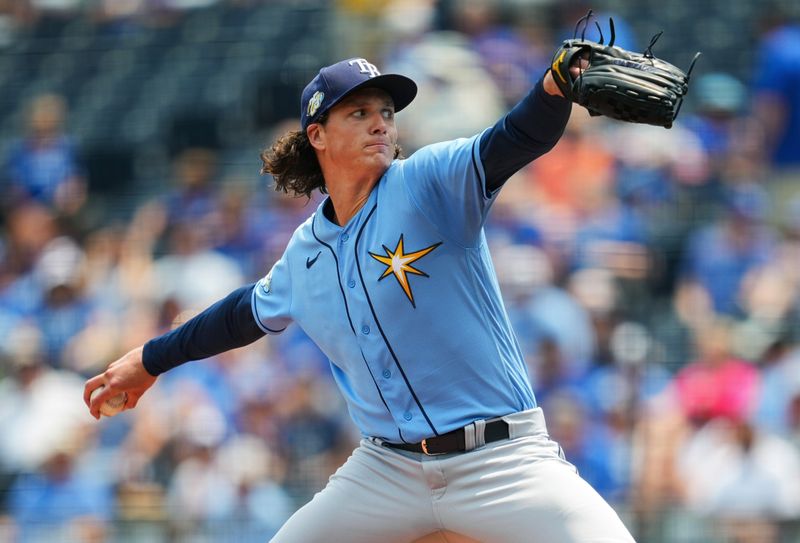 Jul 15, 2023; Kansas City, Missouri, USA; Tampa Bay Rays starting pitcher Tyler Glasnow (20) pitches during the first inning against the Kansas City Royals at Kauffman Stadium. Mandatory Credit: Jay Biggerstaff-USA TODAY Sports