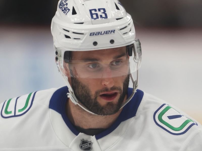 Oct 21, 2025; Pittsburgh, Pennsylvania, USA;  Vancouver Canucks center Max Sasson (63) warms up before a game against the Pittsburgh Penguins at PPG Paints Arena. Mandatory Credit: Charles LeClaire-Imagn Images