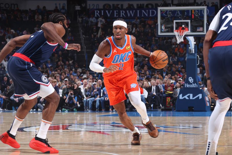 OKLAHOMA CITY, OK - NOVEMBER 11: Shai Gilgeous-Alexander #2 of the Oklahoma City Thunder dribbles the ball during the game against the LA Clippers on November 11, 2024 at Paycom Center in Oklahoma City, Oklahoma. NOTE TO USER: User expressly acknowledges and agrees that, by downloading and or using this photograph, User is consenting to the terms and conditions of the Getty Images License Agreement. Mandatory Copyright Notice: Copyright 2024 NBAE (Photo by Nathaniel S. Butler/NBAE via Getty Images)