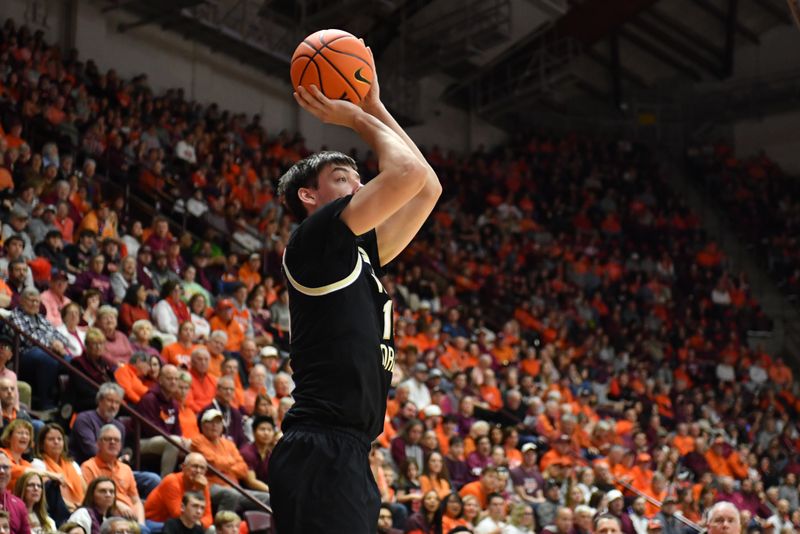 Feb 21, 2026; Blacksburg, Virginia, USA;  Wake Forest Demon Deacons forward Cooper Schwieger (13) shoots a shot against the Virginia Tech Hokies during the first half at Cassell Coliseum. Mandatory Credit: Brian Bishop-Imagn Images