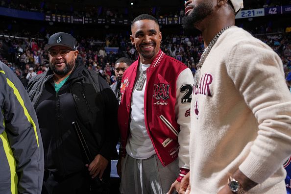 PHILADELPHIA, PA - NOVEMBER 27: Jalen Hurts and Darius Slay attends the game between the Los Angeles Lakers and the Philadelphia 76ers on November 27, 2023 at the Wells Fargo Center in Philadelphia, Pennsylvania NOTE TO USER: User expressly acknowledges and agrees that, by downloading and/or using this Photograph, user is consenting to the terms and conditions of the Getty Images License Agreement. Mandatory Copyright Notice: Copyright 2023 NBAE (Photo by Jesse D. Garrabrant/NBAE via Getty Images)