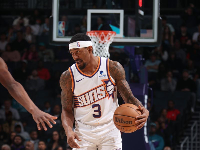 CHARLOTTE, NC - MARCH 15:  Bradley Beal #3 of the Phoenix Suns handles the ball during the game  on March 15, 2024 at Spectrum Center in Charlotte, North Carolina. NOTE TO USER: User expressly acknowledges and agrees that, by downloading and or using this photograph, User is consenting to the terms and conditions of the Getty Images License Agreement.  Mandatory Copyright Notice:  Copyright 2024 NBAE (Photo by Kent Smith/NBAE via Getty Images)