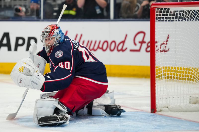 Oct 22, 2024; Columbus, Ohio, USA; Columbus Blue Jackets goaltender Daniil Tarasov (40) defends the net against the Toronto Maple Leafs during the third period at Nationwide Arena. Mandatory Credit: Aaron Doster-Imagn Images