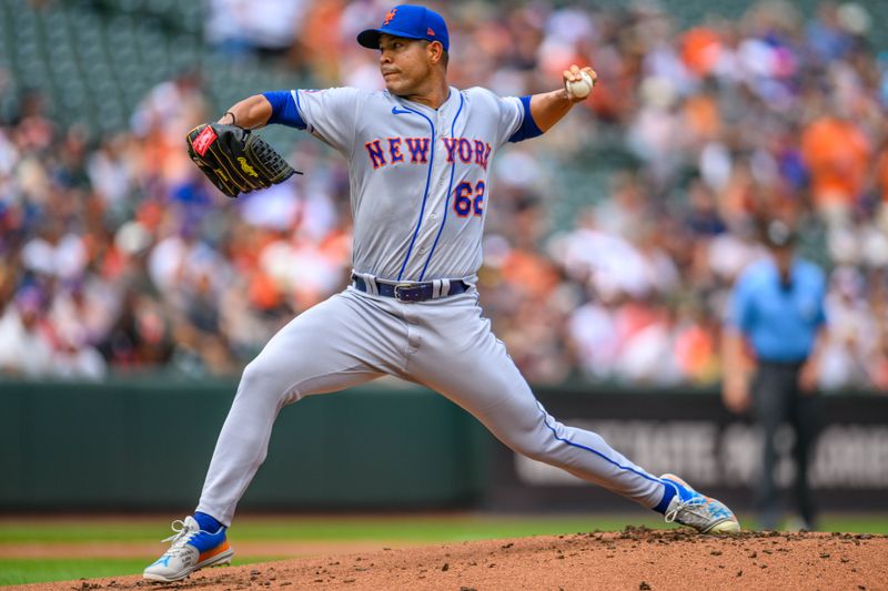 Aug 6, 2023; Baltimore, Maryland, USA; New York Mets starting pitcher Jose Quintana (62) throws a pitch during the second inning against the Baltimore Orioles at Oriole Park at Camden Yards. Mandatory Credit: Reggie Hildred-USA TODAY Sports