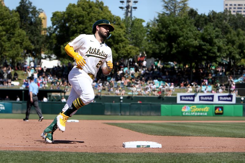 May 10, 2025; West Sacramento, California, USA; Athletics designated hitter Shea Langeliers (23) rounds the bases after hitting a three run home run against the New York Yankees during the seventh inning at Sutter Health Park. Mandatory Credit: Dennis Lee-Imagn Images