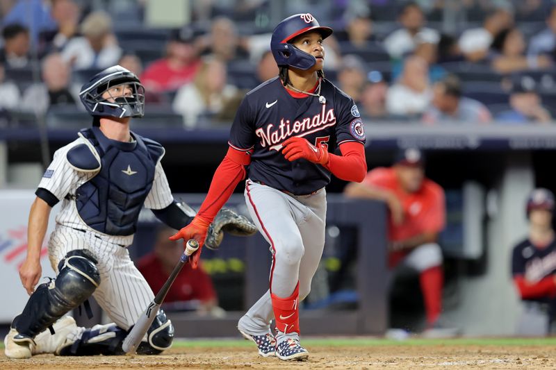 Aug 22, 2023; Bronx, New York, USA; Washington Nationals shortstop CJ Abrams (5) follows through on a solo home run against the New York Yankees during the eighth inning at Yankee Stadium. Mandatory Credit: Brad Penner-USA TODAY Sports