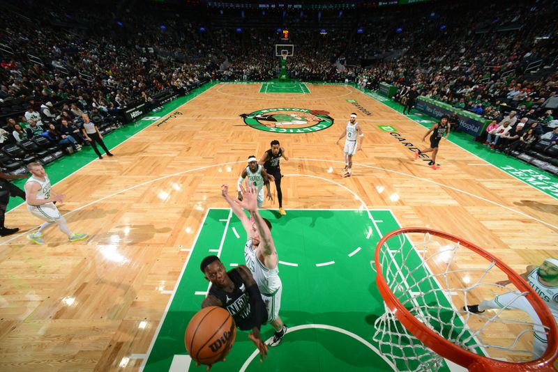 BOSTON, MA - FEBRUARY 14: Dennis Schroder #17 of the Brooklyn Nets drives to the basket during the game against the Boston Celtics on February 14, 2024 at the TD Garden in Boston, Massachusetts. NOTE TO USER: User expressly acknowledges and agrees that, by downloading and or using this photograph, User is consenting to the terms and conditions of the Getty Images License Agreement. Mandatory Copyright Notice: Copyright 2024 NBAE  (Photo by Brian Babineau/NBAE via Getty Images)