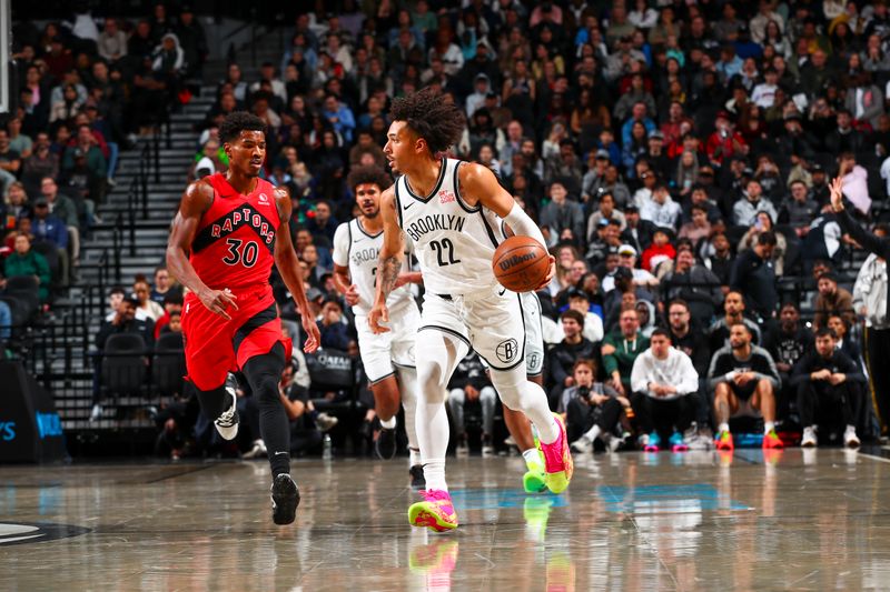 BROOKLYN, NY - OCTOBER 18: Jalen Wilson #22 of the Brooklyn Nets dribbles the ball during the game on October 18, 2024 at Barclays Center in Brooklyn, New York. NOTE TO USER: User expressly acknowledges and agrees that, by downloading and or using this Photograph, user is consenting to the terms and conditions of the Getty Images License Agreement. Mandatory Copyright Notice: Copyright 2024 NBAE (Photo by David L. Nemec/NBAE via Getty Images)