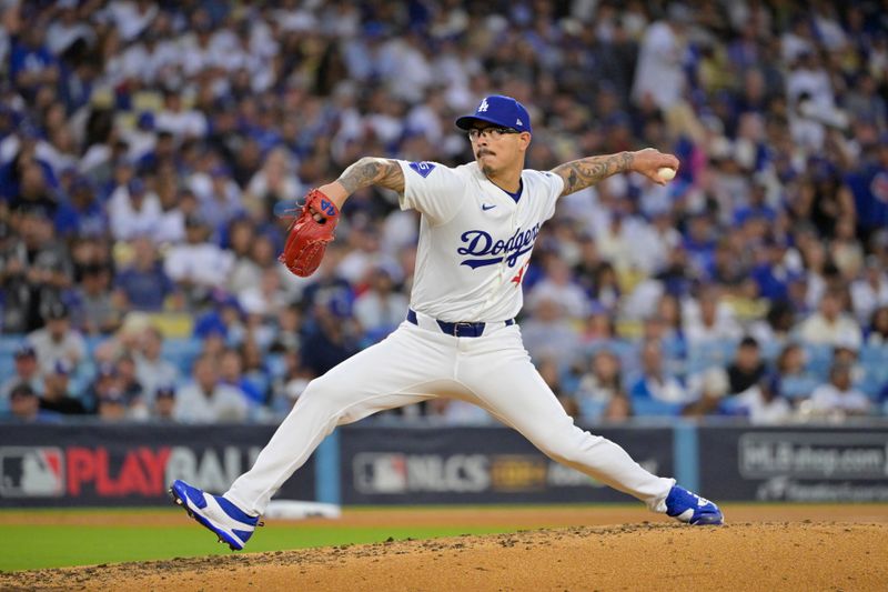 Oct 20, 2024; Los Angeles, California, USA; Los Angeles Dodgers pitcher Anthony Banda (43) pitches against the New York Mets in the third inning during game six of the NLCS for the 2024 MLB playoffs at Dodger Stadium. Mandatory Credit: Jayne Kamin-Oncea-Imagn Images