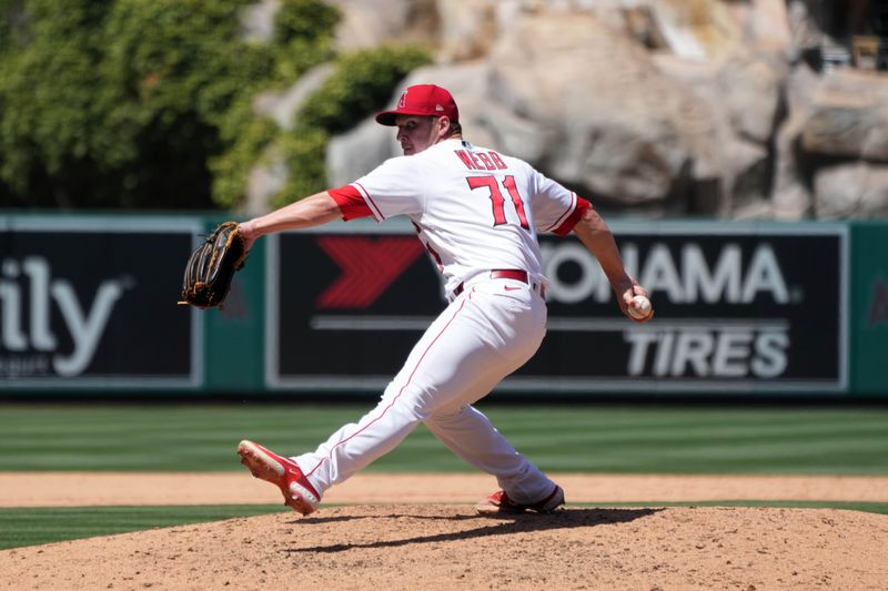 Jul 2, 2023; Anaheim, California, USA; Los Angeles Angels relief pitcher Jacob Webb (71) throws in the eighth inning against the Arizona Diamondbacks at Angel Stadium. Mandatory Credit: Kirby Lee-USA TODAY Sports