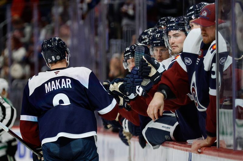 Jan 18, 2025; Denver, Colorado, USA; Colorado Avalanche defenseman Cale Makar (8) celebrates with the bench after his goal in the second period against the Dallas Stars at Ball Arena. Mandatory Credit: Isaiah J. Downing-Imagn Images