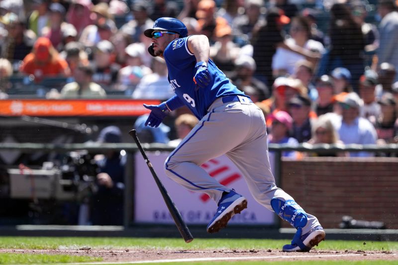 Apr 9, 2023; San Francisco, California, USA; Kansas City Royals first baseman Vinnie Pasquantino (9) hits a double against the San Francisco Giants during the fourth inning at Oracle Park. Mandatory Credit: Darren Yamashita-USA TODAY Sports