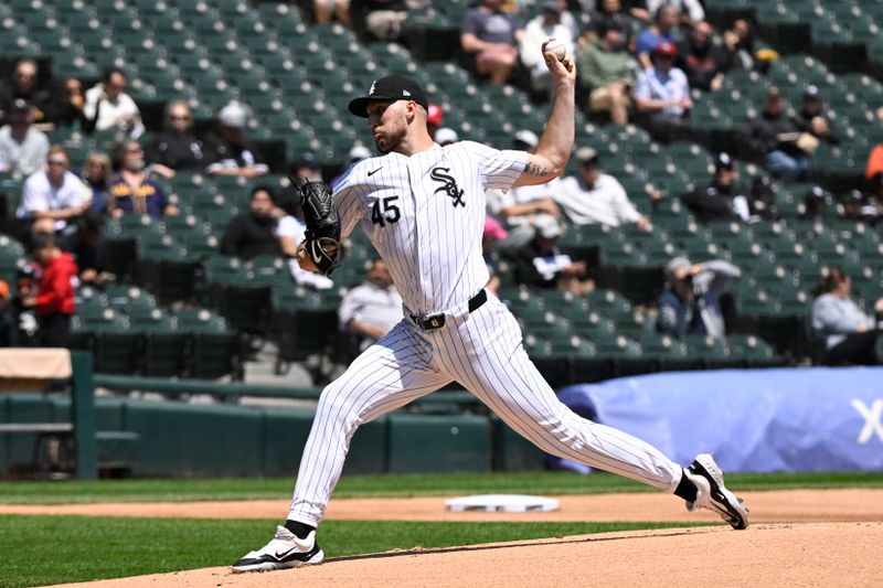 May 15, 2024; Chicago, Illinois, USA;  Chicago White Sox pitcher Garrett Crochet (45) pitches against the Washington Nationals during the first inning at Guaranteed Rate Field. Mandatory Credit: Matt Marton-USA TODAY Sports