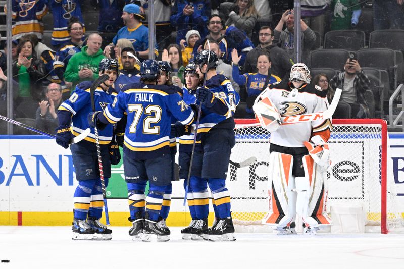 Mar 17, 2024; St. Louis, Missouri, USA; Anaheim Ducks goaltender Lukas Dostal (1) looks on after giving up a goal to St. Louis Blues center Robert Thomas (18) during the third period at Enterprise Center. Mandatory Credit: Jeff Le-USA TODAY Sports