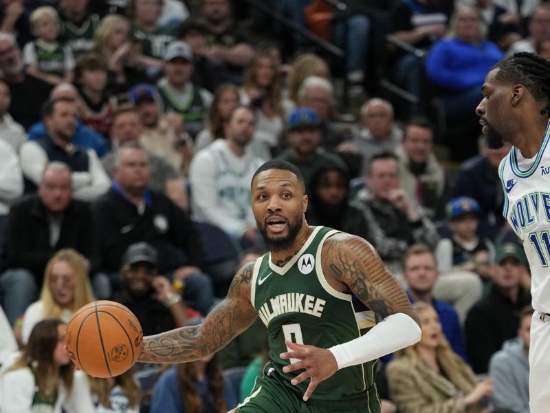 MINNEAPOLIS, MN -  FEBRUARY 23: Damian Lillard #0 of the Milwaukee Bucks drives to the basket during the game against the Minnesota Timberwolves on February 23, 2024 at Target Center in Minneapolis, Minnesota. NOTE TO USER: User expressly acknowledges and agrees that, by downloading and or using this Photograph, user is consenting to the terms and conditions of the Getty Images License Agreement. Mandatory Copyright Notice: Copyright 2024 NBAE (Photo by Jordan Johnson/NBAE via Getty Images)