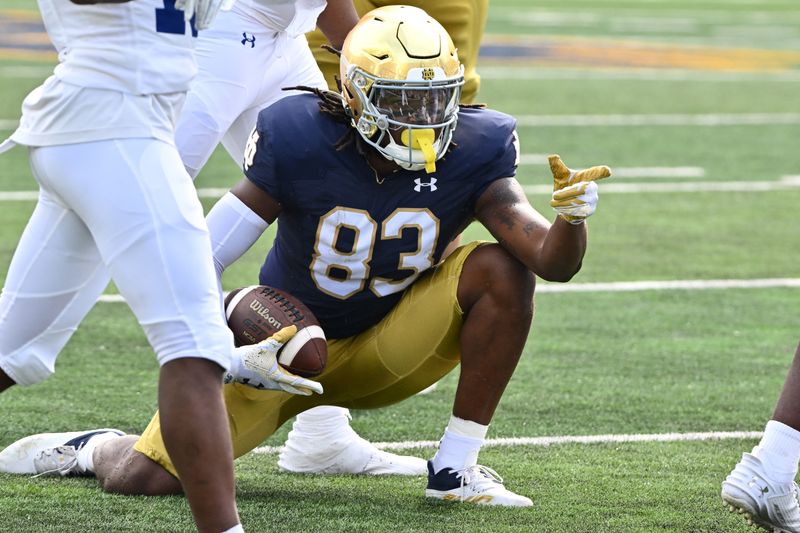 Sep 2, 2023; South Bend, Indiana, USA; Notre Dame Fighting Irish wide receiver Jayden Thomas (83) signals for a first down in the second quarter against the Tennessee State Tigers at Notre Dame Stadium. Mandatory Credit: Matt Cashore-USA TODAY Sports