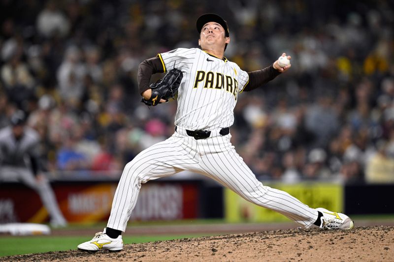 May 13, 2024; San Diego, California, USA; San Diego Padres relief pitcher Yuki Matsui (1) throws a pitch against the Colorado Rockies during the ninth inning at Petco Park. Mandatory Credit: Orlando Ramirez-USA TODAY Sports