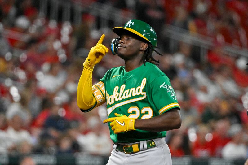 Aug 15, 2023; St. Louis, Missouri, USA;  Oakland Athletics center fielder Lawrence Butler (22) reacts as he runs the bases after hitting a two run home run against the St. Louis Cardinals during the seventh inning at Busch Stadium. Mandatory Credit: Jeff Curry-USA TODAY Sports