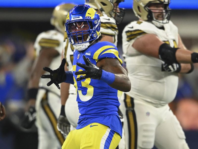 Los Angeles Rams linebacker Ernest Jones (53) reacts during an NFL football game against the New Orleans Saints, Thursday, Dec. 21, 2023, in Inglewood, Calif. (AP Photo/Kyusung Gong)