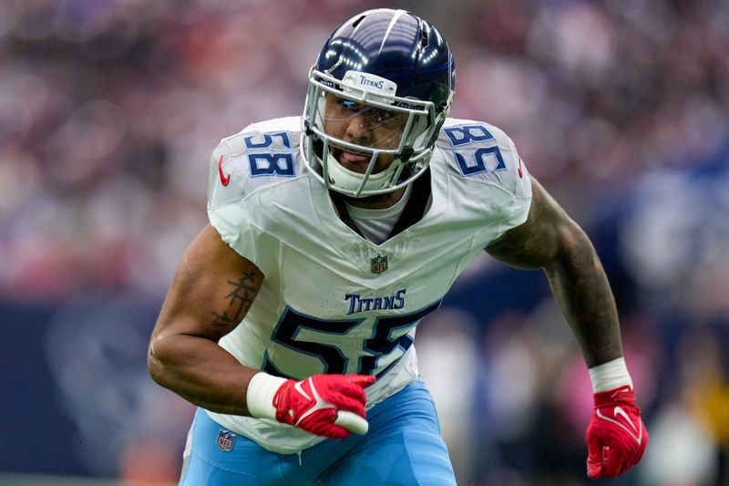 Tennessee Titans linebacker Harold Landry III (58) plays against the Houston Texans during the first half of an NFL football game Sunday, Dec. 31, 2023, in Houston. (AP Photo/Eric Christian Smith)