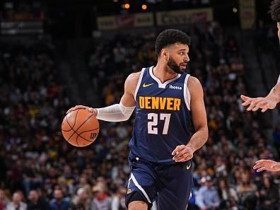 DENVER, CO - JANUARY 1: Jamal Murray #27 of the Denver Nuggets handles the ball during the game against the Charlotte Hornets on January 1, 2024 at the Ball Arena in Denver, Colorado. NOTE TO USER: User expressly acknowledges and agrees that, by downloading and/or using this Photograph, user is consenting to the terms and conditions of the Getty Images License Agreement. Mandatory Copyright Notice: Copyright 2024 NBAE (Photo by Bart Young/NBAE via Getty Images)