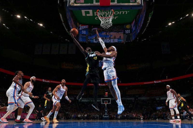 OKLAHOMA CITY, OK - MARCH 12: Pascal Siakam #43 of the Indiana Pacers drives to the basket during the game against the Oklahoma City Thunder on March 12, 2024 at Paycom Arena in Oklahoma City, Oklahoma. NOTE TO USER: User expressly acknowledges and agrees that, by downloading and or using this photograph, User is consenting to the terms and conditions of the Getty Images License Agreement. Mandatory Copyright Notice: Copyright 2024 NBAE (Photo by Zach Beeker/NBAE via Getty Images)