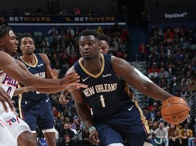 NEW ORLEANS, LA - NOVEMBER 29: Zion Williamson #1 of the New Orleans Pelicans dribbles the ball during the game against the Philadelphia 76ers on November 29, 2023 at the Smoothie King Center in New Orleans, Louisiana. NOTE TO USER: User expressly acknowledges and agrees that, by downloading and or using this Photograph, user is consenting to the terms and conditions of the Getty Images License Agreement. Mandatory Copyright Notice: Copyright 2023 NBAE (Photo by Layne Murdoch Jr./NBAE via Getty Images)