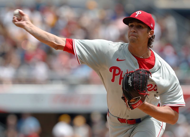 Jul 21, 2024; Pittsburgh, Pennsylvania, USA;  Philadelphia Phillies starting pitcher Tyler Phillips (48) delivers a pitch against the Pittsburgh Pirates during the first inning at PNC Park. Mandatory Credit: Charles LeClaire-USA TODAY Sports