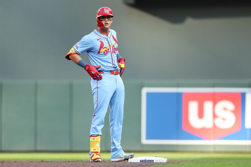 Aug 24, 2024; Minneapolis, Minnesota, USA; St. Louis Cardinals right fielder Lars Nootbaar (21) celebrates his double against the Minnesota Twins during the second inning at Target Field. Mandatory Credit: Matt Krohn-USA TODAY Sports