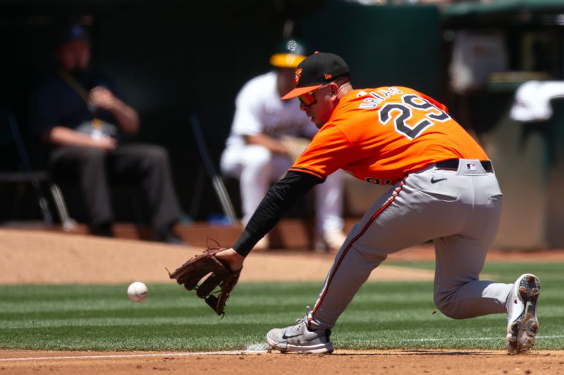 Jul 6, 2024; Oakland, California, USA; Baltimore Orioles third baseman Ramón Urías (29) fields an infield single by Oakland Athletics right fielder Tyler Nevin during the second inning at Oakland-Alameda County Coliseum. Mandatory Credit: D. Ross Cameron-USA TODAY Sports