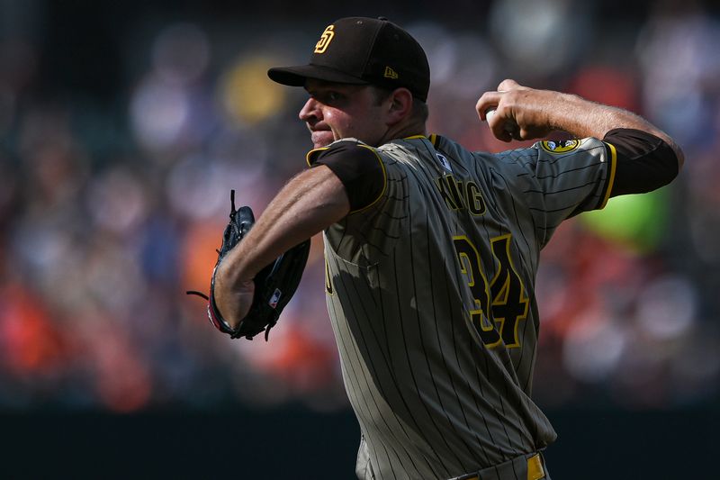 Jul 27, 2024; Baltimore, Maryland, USA;  San Diego Padres pitcher Michael King (34) throws a third inning pitch against the Baltimore Orioles at Oriole Park at Camden Yards. Mandatory Credit: Tommy Gilligan-USA TODAY Sports