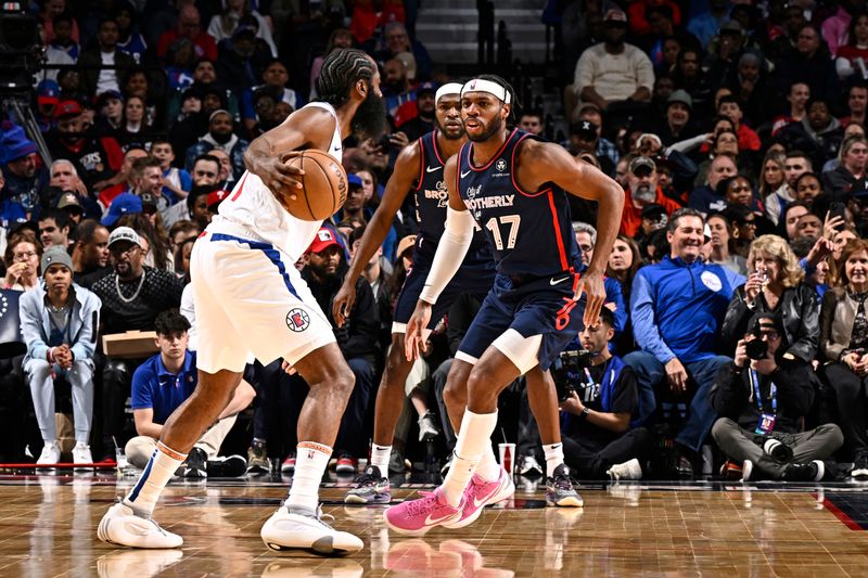 PHILADELPHIA, PA - MARCH 27: Buddy Heild #17 of the Philadelphia 76ers plays defense against James Harden #1 of the LA Clippers during the game on March 27, 2024 at the Wells Fargo Center in Philadelphia, Pennsylvania NOTE TO USER: User expressly acknowledges and agrees that, by downloading and/or using this Photograph, user is consenting to the terms and conditions of the Getty Images License Agreement. Mandatory Copyright Notice: Copyright 2024 NBAE (Photo by David Dow/NBAE via Getty Images)