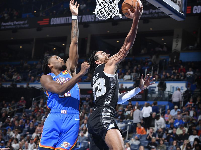 OKLAHOMA CITY, OK - APRIL 10:  Tre Jones #33 of the San Antonio Spurs drives to the basket during the game against the Oklahoma City Thunder on April 10, 2024 at Paycom Arena in Oklahoma City, Oklahoma. NOTE TO USER: User expressly acknowledges and agrees that, by downloading and or using this photograph, User is consenting to the terms and conditions of the Getty Images License Agreement. Mandatory Copyright Notice: Copyright 2024 NBAE (Photo by Logan Riely/NBAE via Getty Images)